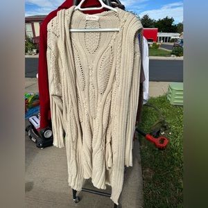 Hooded linen colored crochet Long cardigan with pockets!! Gently loved